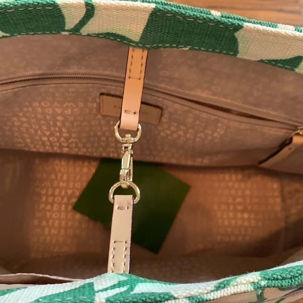 Kate Spade cream colored cloth tote with green leaf pattern.